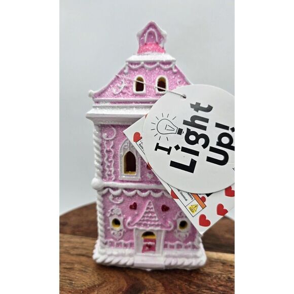 PINK SUGAR GLITTER  Gingerbread House Resin Light Up TableTop Decor 7" NEW - Picture 1 of 10